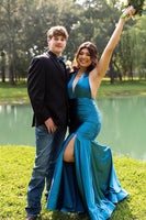 Load image into Gallery viewer, Grey Satin Halter Long Mermaid Formal Dress with Slit