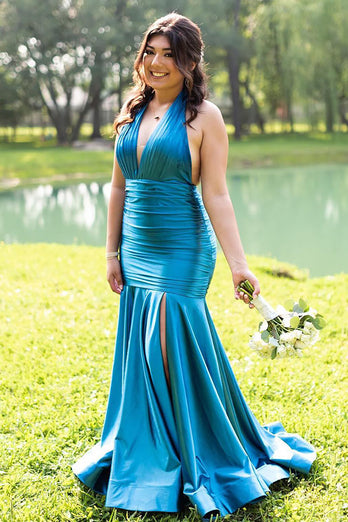 Grey Satin Halter Long Mermaid Formal Dress with Slit