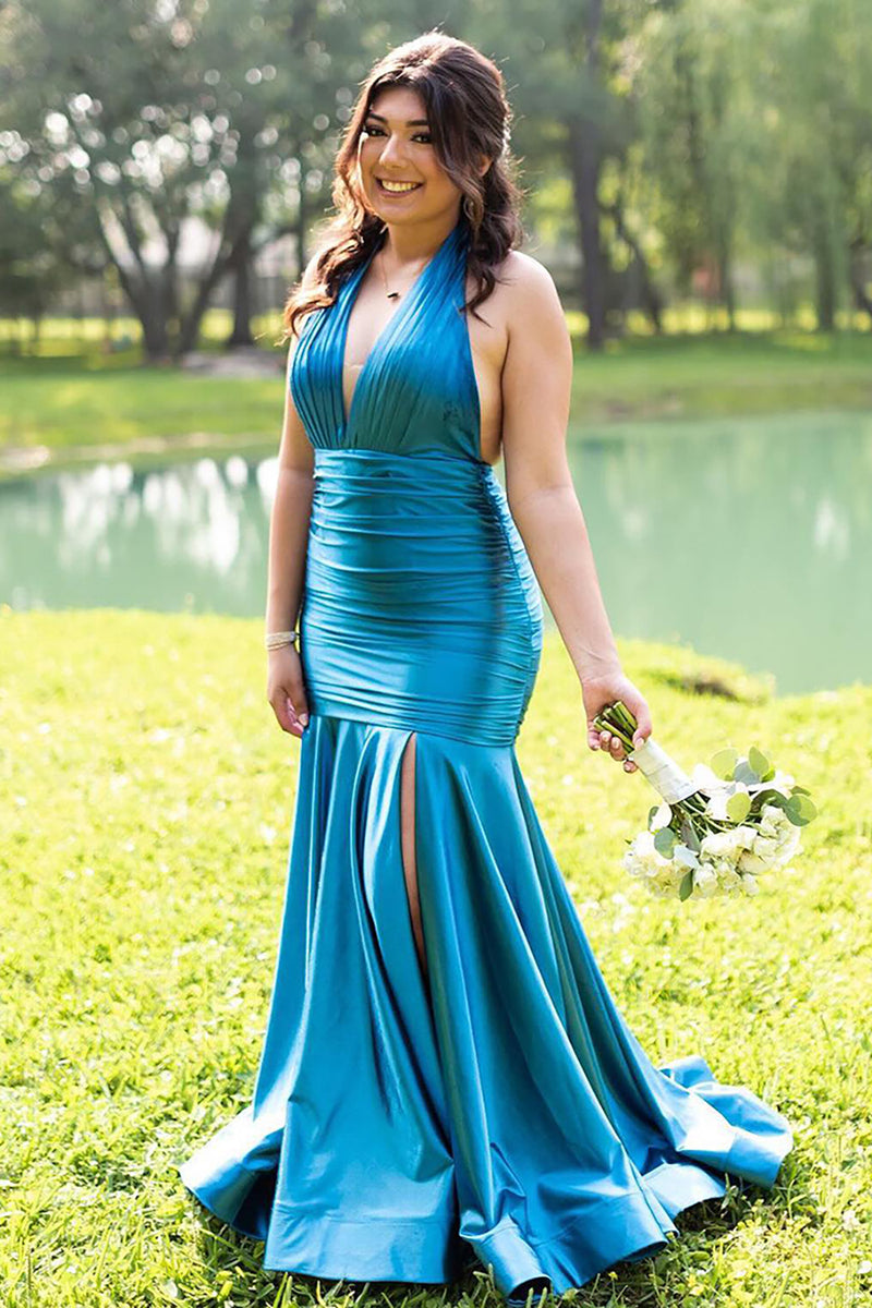 Load image into Gallery viewer, Grey Satin Halter Long Mermaid Formal Dress with Slit