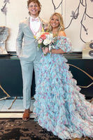 Load image into Gallery viewer, Blue Off the Shoulder Floral Tiered A Line Long Formal Dress