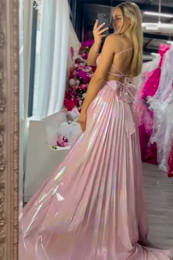 Pink Metalic Pleated A-Line Long Formal Dress with Slit