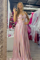 Load image into Gallery viewer, Pink Metalic Pleated A-Line Long Formal Dress with Slit