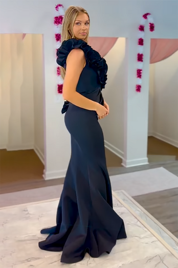 Black One Shoulder Satin Mermaid Long Formal Dress