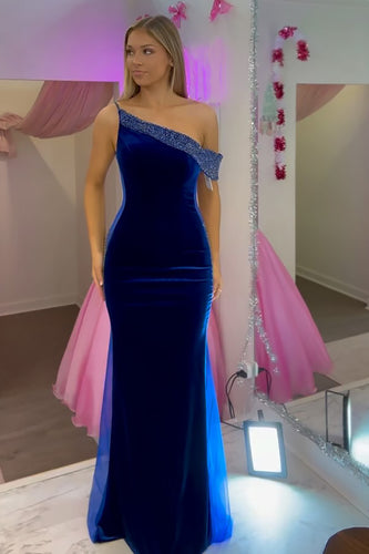 Dark Blue Sheath Velvet Long Formal Dress with Beading