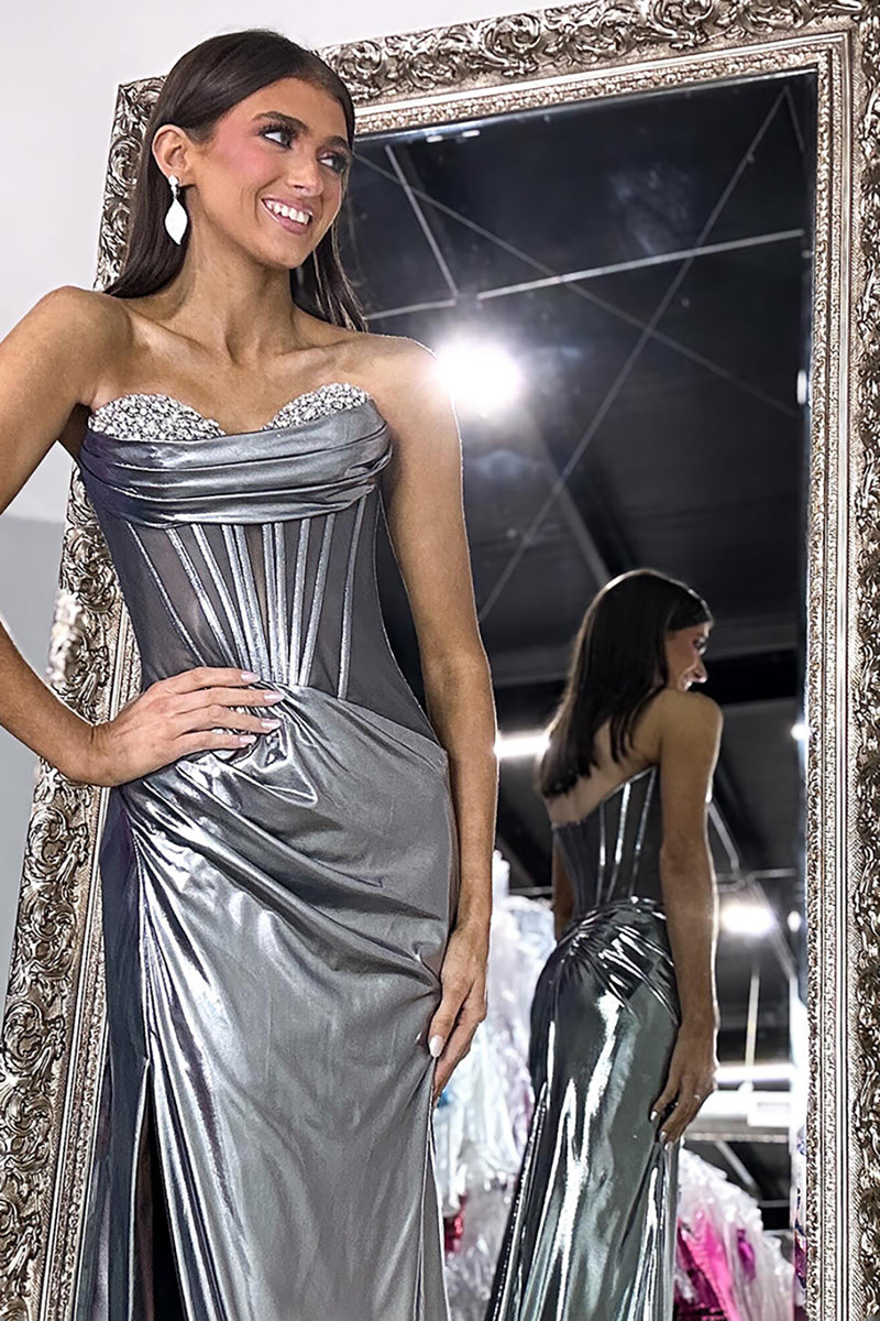 Load image into Gallery viewer, Silver Metallic Sweetheart Mermaid Long Corset Formal Dress