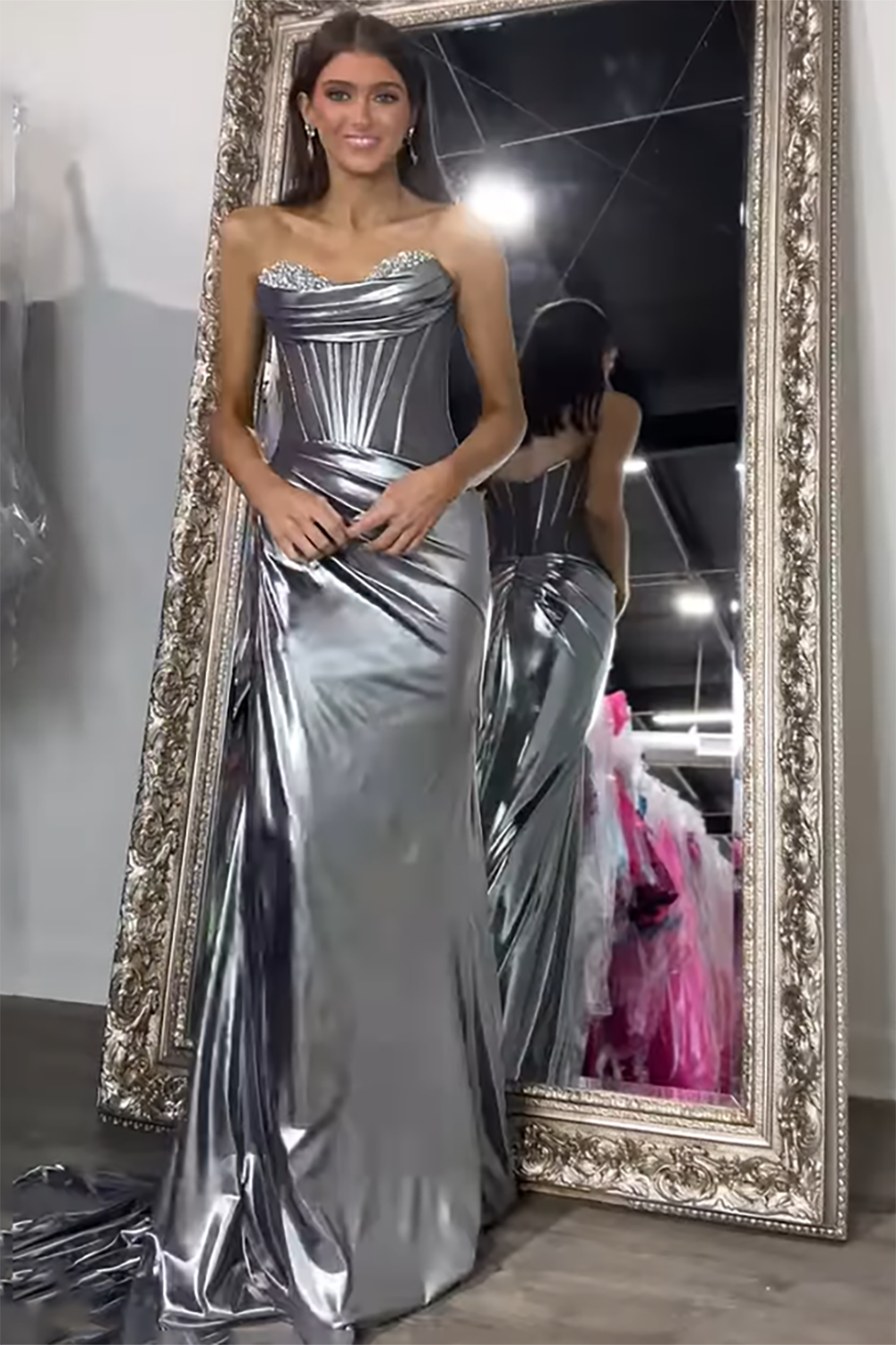 Silver Metallic Sweetheart Mermaid Long Corset Formal Dress