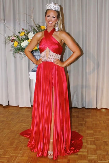 Royal Blue Halter Satin A-Line Formal Dress with Slit