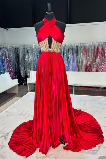 Royal Blue Halter Satin A-Line Formal Dress with Slit