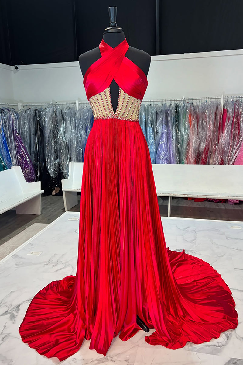 Load image into Gallery viewer, Royal Blue Halter Satin A-Line Formal Dress with Slit