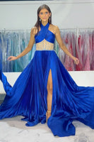 Load image into Gallery viewer, Royal Blue Halter Satin A-Line Formal Dress with Slit