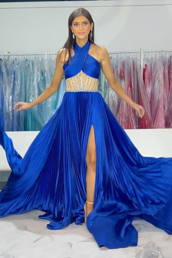 Royal Blue Halter Satin A-Line Formal Dress with Slit