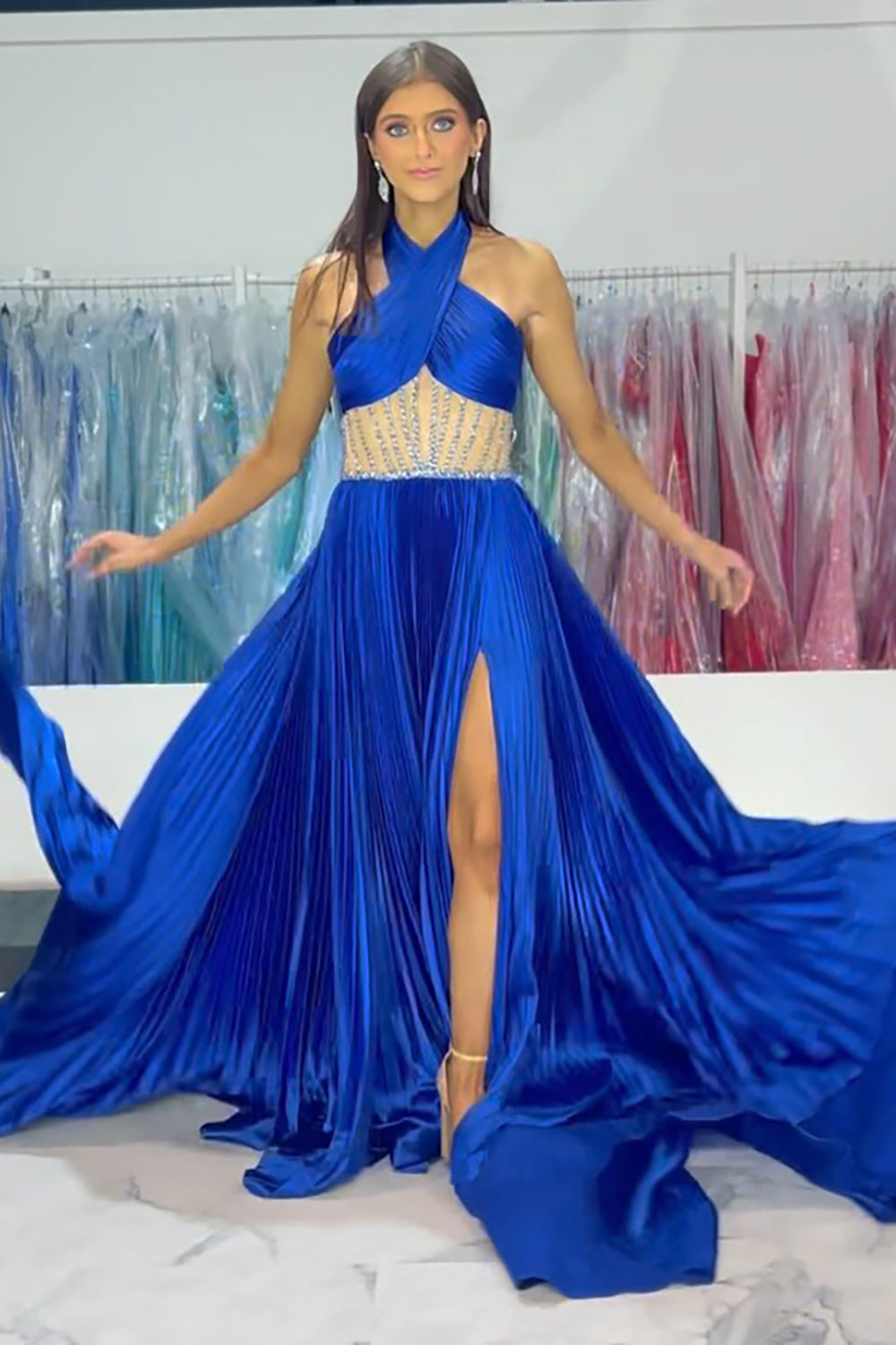 Royal Blue Halter Satin A-Line Formal Dress with Slit