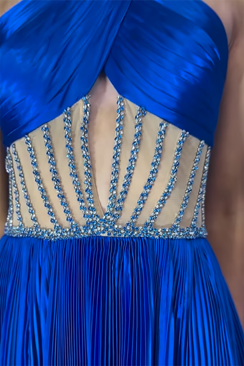 Load image into Gallery viewer, Royal Blue Halter Satin A-Line Formal Dress with Slit