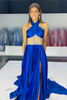 Load image into Gallery viewer, Royal Blue Halter Satin A-Line Formal Dress with Slit