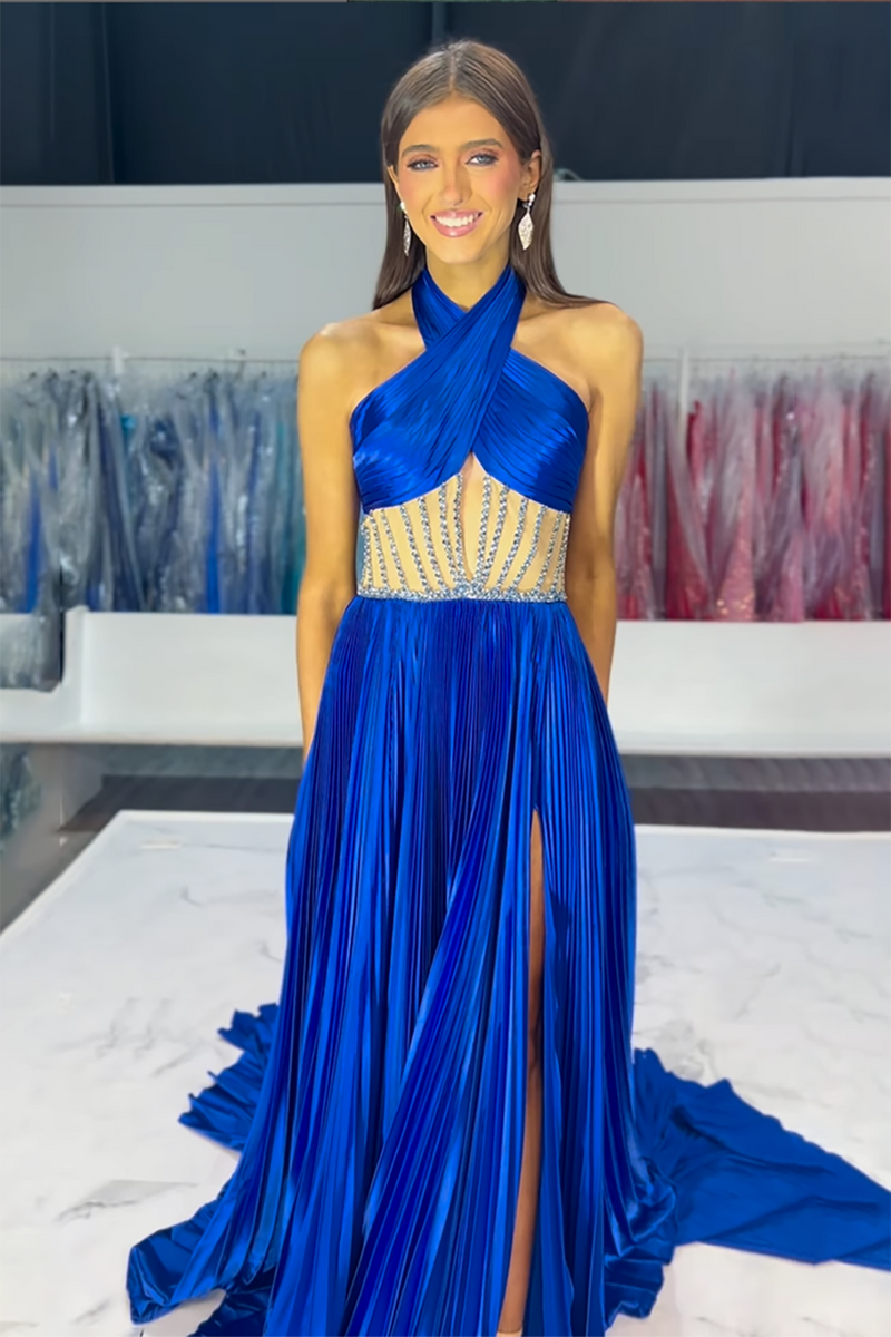Load image into Gallery viewer, Royal Blue Halter Satin A-Line Formal Dress with Slit