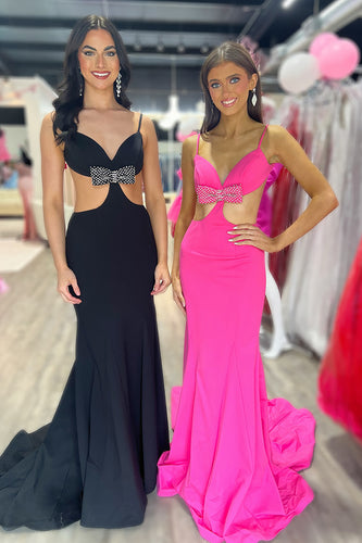 Black Spaghetti Straps Mermaid Cut Out Long Formal Dress