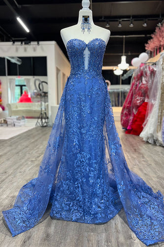 Dark Blue Tulle Mermaid Corset Long Formal Dress with Appliques