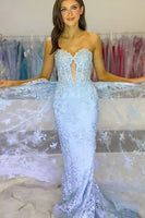 Load image into Gallery viewer, Dark Blue Tulle Mermaid Corset Long Formal Dress with Appliques