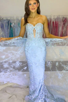 Dark Blue Tulle Mermaid Corset Long Formal Dress with Appliques