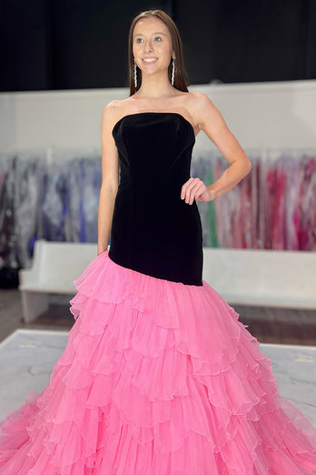 Black Pink Strapless Tulle Ruffled Mermaid Long Formal Dress