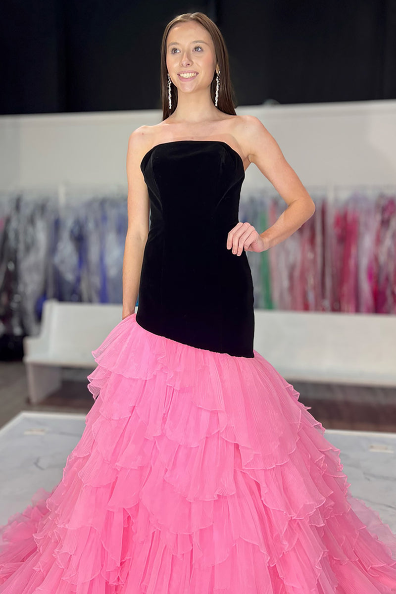 Load image into Gallery viewer, Black Pink Strapless Tulle Ruffled Mermaid Long Formal Dress