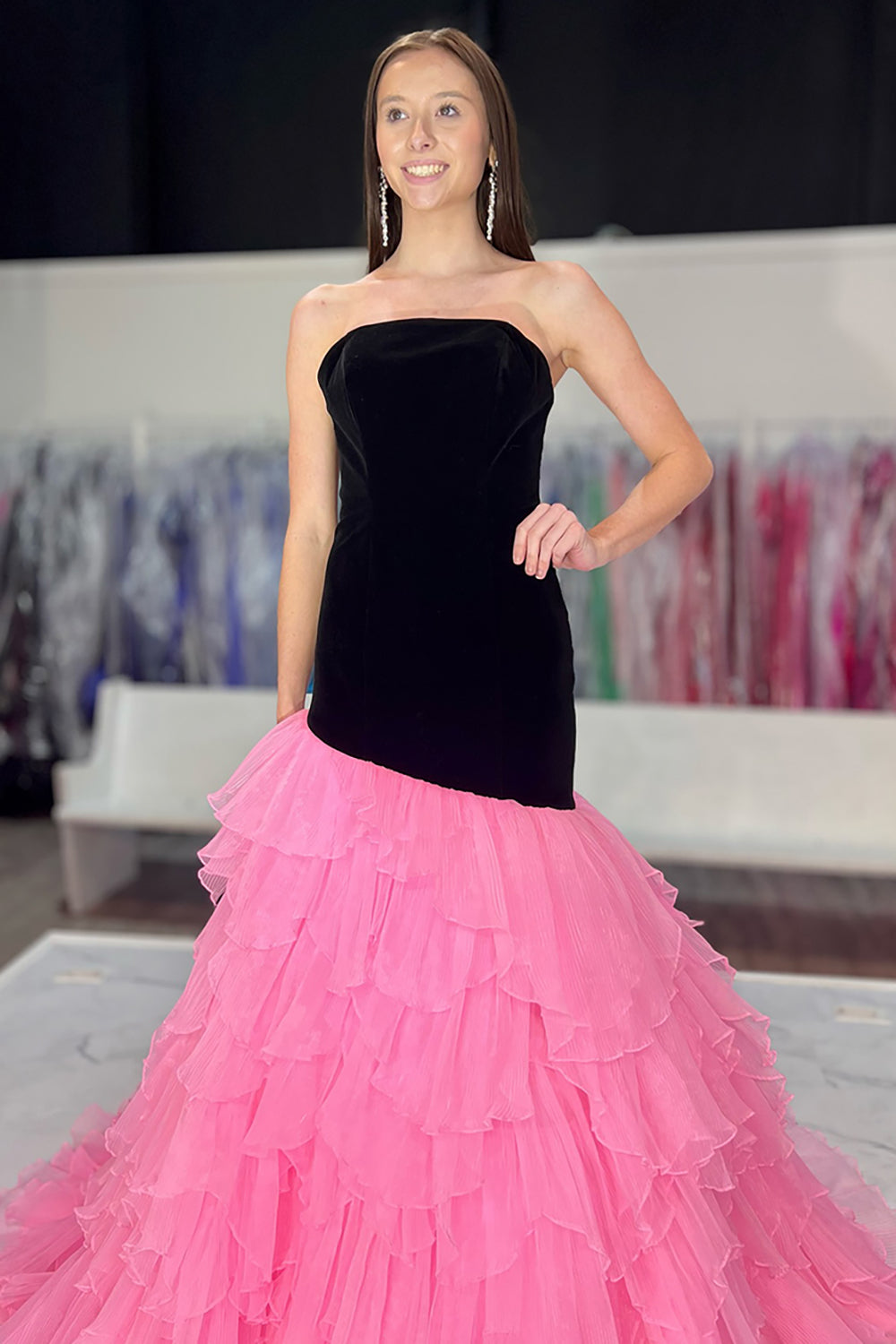 Black Pink Strapless Tulle Ruffled Mermaid Long Formal Dress