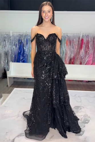 Black Tulle Long Mermaid Corset Formal Dress with Sequins