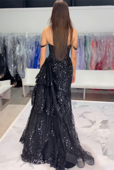 Black Tulle Long Mermaid Corset Formal Dress with Sequins