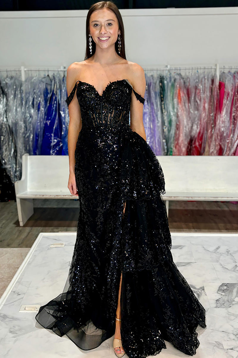 Load image into Gallery viewer, Black Tulle Long Mermaid Corset Formal Dress with Sequins