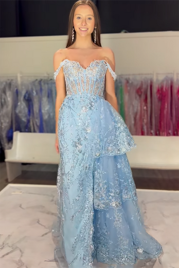 Black Tulle Long Mermaid Corset Formal Dress with Sequins