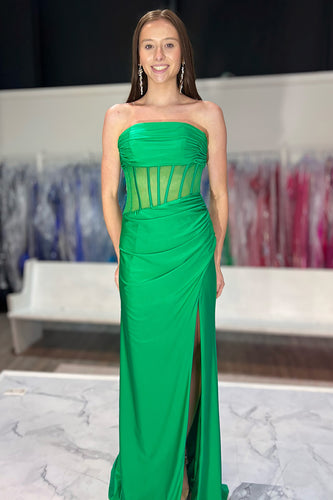Green Satin Sheath Corset Long Formal Dress with Slit