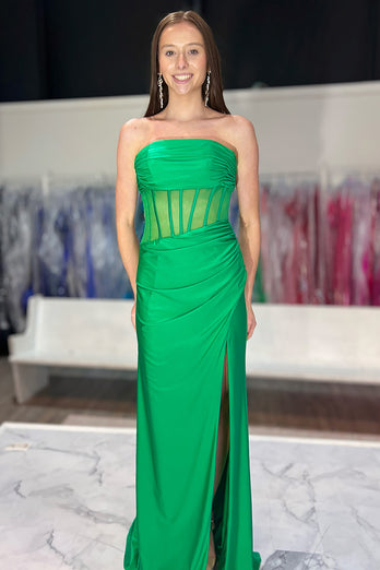 Green Satin Sheath Corset Long Formal Dress with Slit