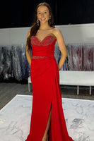 Load image into Gallery viewer, Red Sweetheart Satin Mermaid Formal Dress with Slit