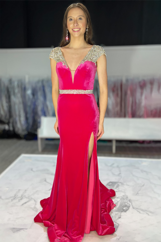 Fuchsia Velvet Mermaid Long Fomal Dress with Beading