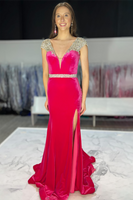 Load image into Gallery viewer, Fuchsia Velvet Mermaid Long Fomal Dress with Beading