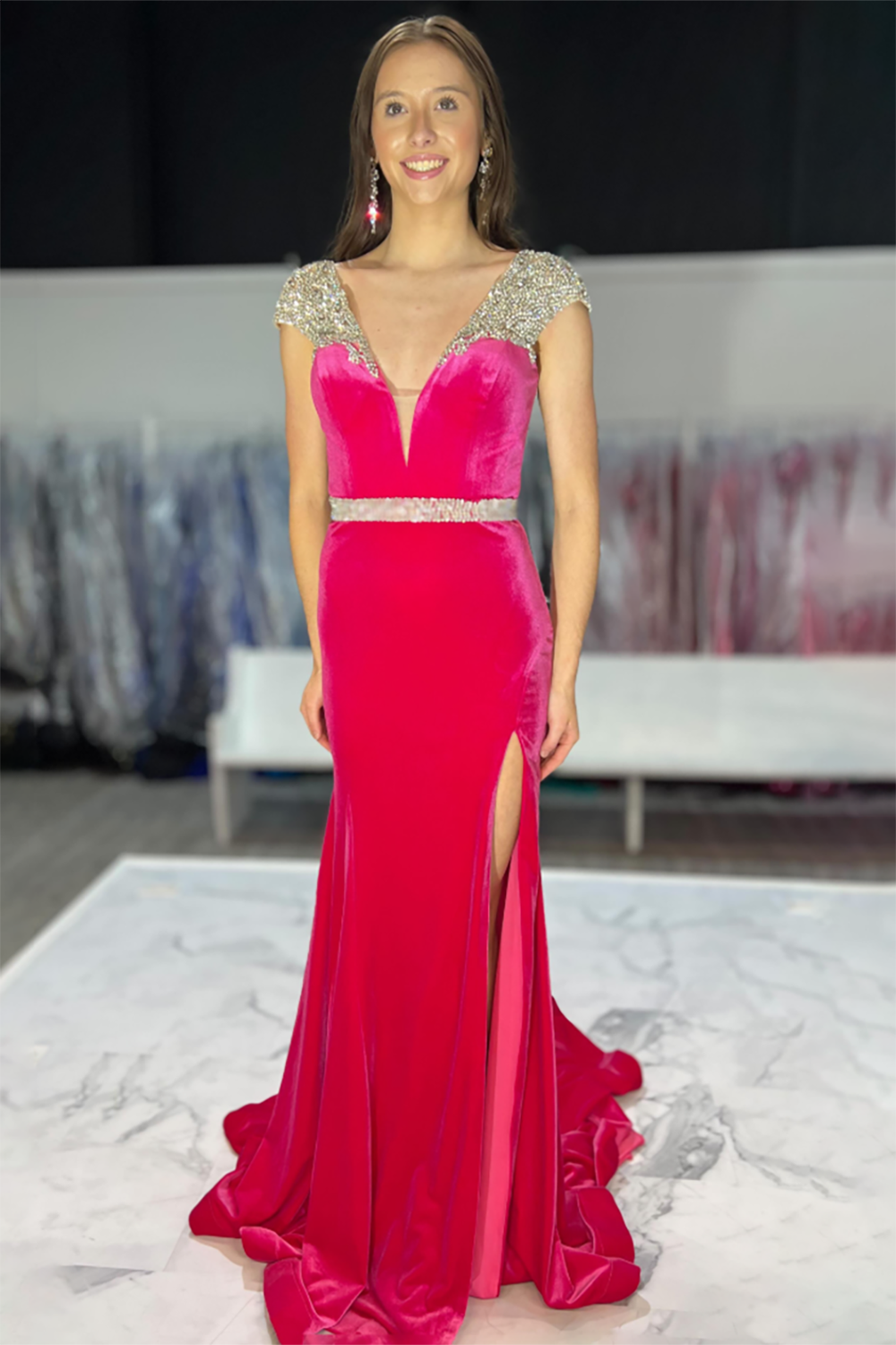 Fuchsia Velvet Mermaid Long Fomal Dress with Beading