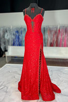 Load image into Gallery viewer, Dark Red Lace Spaghetti Straps Corset Long Formal Dress with Slit