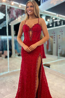 Load image into Gallery viewer, Dark Red Lace Spaghetti Straps Corset Long Formal Dress with Slit
