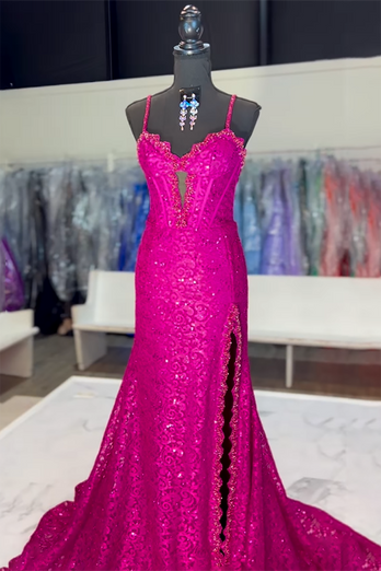 Dark Red Lace Spaghetti Straps Corset Long Formal Dress with Slit