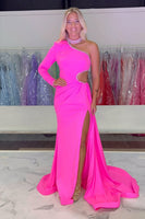 Load image into Gallery viewer, Fuchsia One Shoulder Satin Cut Out Formal Dress with Slit