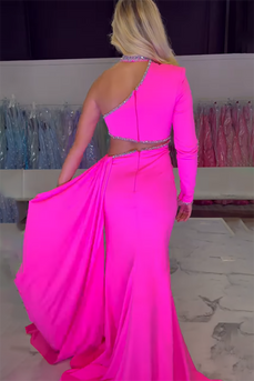 Fuchsia One Shoulder Satin Cut Out Formal Dress with Slit