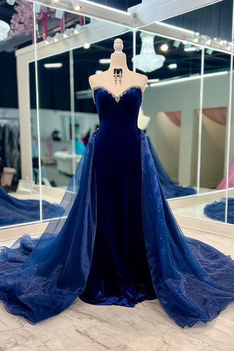 Navy Sweetheart Sheath Long Formal Dress with Cape