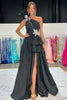 Load image into Gallery viewer, Black Satin One Shoulder Long A-Line Formal Dress with Slit