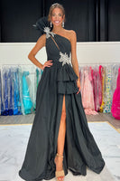Load image into Gallery viewer, Black Satin One Shoulder Long A-Line Formal Dress with Slit