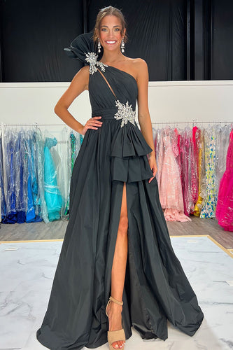 Black Satin One Shoulder Long A-Line Formal Dress with Slit