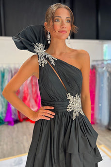 Black Satin One Shoulder Long A-Line Formal Dress with Slit