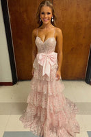 Load image into Gallery viewer, Pink Tulle Tiered Corset A-Line Long Formal Dress with Appliques