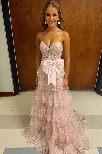 Pink Tulle Tiered Corset A-Line Long Formal Dress with Appliques