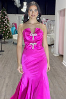 Load image into Gallery viewer, Fuchsia Satin Mermaid Long Formal Dress with Bows