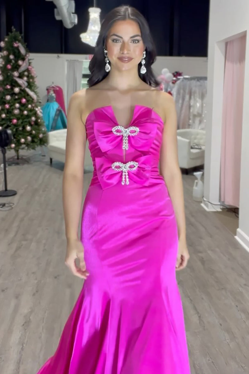 Load image into Gallery viewer, Fuchsia Satin Mermaid Long Formal Dress with Bows